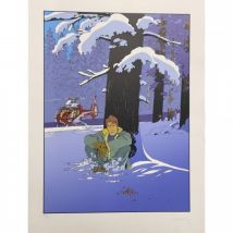 Sérigraphie Largo Winch - Assis dans la neige - Hélicoptère rouge - Paradiffusion - 9ème Store