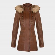 Infinity Leather Women's Slim Fit Leather Hooded Leather Parka Jacket, Brown