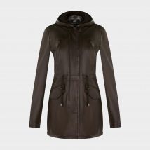 Infinity Leather Women's Mid Length Hooded Leather Parka Jacket, Brown