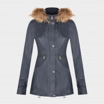 Infinity Leather Women's Warm Leather Hooded Parka Jacket, Navy
