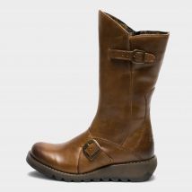 fly london Women's Mes 2 Wedge Heel Buckle Mid-calf Leather Zip Platform Boots, Brown