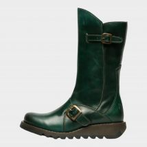 fly london Women's Mes 2 Wedge Heel Buckle Mid-calf Leather Zip Platform Boots, Green