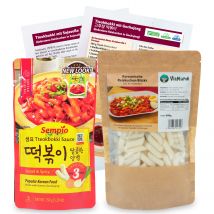Koreanische Reiskuchen & Milde Tteokbokki Soße Set - Inkl. Broschüre mit Kochrezepten und Videoanleitungen für Reisnudel-Gerichte aus Korea - 400g Reis-Sticks & 150g Süße Sauce