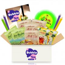 Bubble Tea DIY Set mit Green Apple Popping Boba - Für 4 Getränke - 14-teiliges Boba Tee Starter Kit - 3 Teesorten (Milchtee, Grüner Tee, Zitronen-Eistee), Fruchtperlen, Strohhalme, mit Anleitung