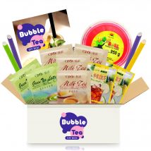 Bubble Tea DIY Set mit Strawberry Popping Boba - Für 4 Getränke - 14-teiliges Boba Tee Starter Kit - 3 Teesorten (Milchtee, Grüner Tee, Zitronen-Eistee), Fruchtperlen, Strohhalme, mit Anleitung