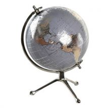 Items Deco Wereldbol/globe Op Voet - Kunststof - Blauw/zilver - 20 X 30 Cm