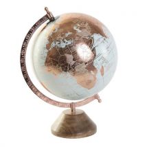 Items Deco Wereldbol/globe Op Voet - Kunststof - Blauw/rose Goud - 20 X 30 Cm