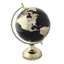 Items Deco Wereldbol/globe Op Voet - Kunststof - Zwart/goud - 20 X 30 Cm