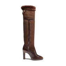 Santoni Botte À Talon Haut En Cuir Et Mouton Brun Foncé Pour Femme, Taille: 38