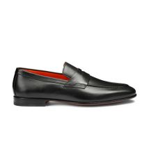 Santoni Men's Polished Black Leather Penny Loafer, Size: 6.5