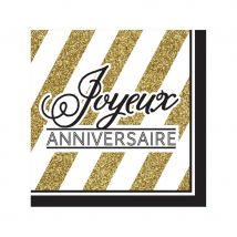 16 Serviettes d'anniversaire noir et or (Joyeux Anniversaire)