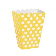 Décos d'anniversaire jaunes à pois blanc (8 boites pop corn)