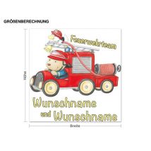 Wunschtext-Wandtattoo Kinderzimmer Steinbeck - Feuerwehrteam im Feuerwehrauto