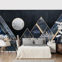 Fototapete Goldener Mond abstrakte schwarze Berge