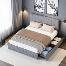 Letto imbottito 160x200 cm con 4 cassetti portaoggetti, Letto matrimoniale con testiera regolabile, Letto per ragazzi con rete a doghe, Velluto, Grigio