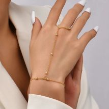 Minimalist Gold plated Bead Chain Ring Bracelet Linked Finger Bracelet and Ring Connected Hand Harness Bracelets for Women Gifts