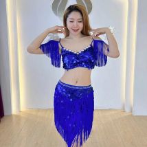 Belly Dance Costume Set Customized Sequin Top+Tassel Skirt 2pcs Women's Oriental Belly Dancing Professional Practice Clothes