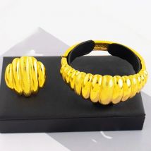 Luxury Exquisite Gold Color Openning Bangles Bracelet Ring Set for Women Cuff Bracelet Gold Color Stainless Steel Ornament Gift