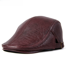 LA SPEZIA Beret Hat Genuine Leather Flat Cap for Men Burgundy Alligator Real Leather Newsboy Vintage Male Winter Duckbill Hats
