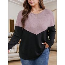 Plus Size Damen-T-Shirt mit Farbblock-Motiv, Rundhalsausschnitt, lässig, langärmelig