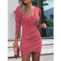Women's Sexy Mini Dresses Spring Autumn V-Neck Long Sleeved Slim Dress Solid Color Pleated Party Dress Vestidos Cortos