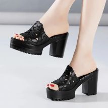 Plus Size 32-43 Elegant Black Floral Cutout Block High Heels Slides Platform Shoes 2025 Womens Summer Thick Sole Slippers