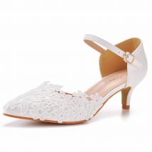 Crystal Queen White Lace Women Fashion Pointed Toe Sandal Summer  5CM High Heels Elegant Mary Jane Shoes