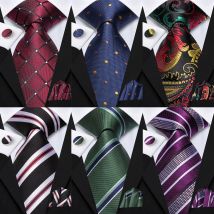 Hi-Tie Multi color Men's Tie Silk 8.5cm Wedding Ties Formal Hanky Cufflinks Set High Quality Cravata Red Blue Green Striped