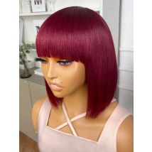 99J Colored Short 180D Straight Brazilian Human Hair Bob Wigs with Bangs Remy Full Machine Made for Women Hightlight Burgundy