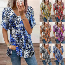 Summer Women's Clothing V-neck  Short Sleeve Tops Printed Tees Casual Loose T-shirt Ladies Zipper Tee XS -  8XL