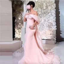 OIMG Elegant Baby Pink Mermaid Long Evening Dresses Soft Off the Shoulder Saudi Arabic Women Formal Party Prom Gowns Pageant
