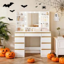 Hzuaneri Tocador con 10 bolas de luz LED, brillo ajustable, espejo HD grande, 1 cajón grande y 8 gabinetes de cajones pequeños