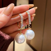 Silver Needle Dangle Earrings for Women Jewelry Cubic Zircon White Pearl Lovely Elegant Female Drop Earrings