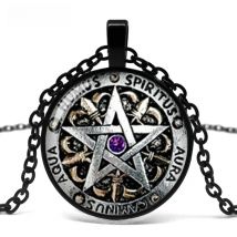 2018/Steam Punk Fashion Wiccan Necklace Black Magic Pagan Pentagram Pendant Round Glass Dome Gift Women's Men's Chain.