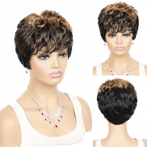 OUCEY Synthetic Hair Wigs For Women Short Wigs Women Natural Wavy Black Brown Wig Female Pixie Cut Curly Wigs With Bangs