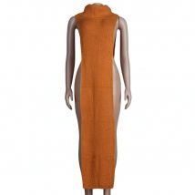 Solid Knitted Split Maxi Dress Asymmetrical Turtleneck Sleeveless Wool Sweater 2021 Spring Autumn Party Club All Match Dresses