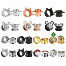 EARKUO Hot Selling Cat Bat Bee Pineapple Stainless Steel Ear Piercing Tunnels Expanders Body Jewelry Earring Stretchers 2PCS