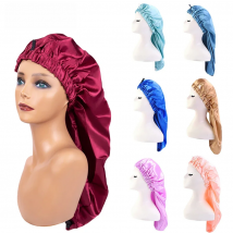 Custom Logo Fshion Long Satin Night Sleep Cap Hair Bonnet Hat Silk Head Cover Wide Elastic Band Satin Bonnet Sleep Night Cap Hat