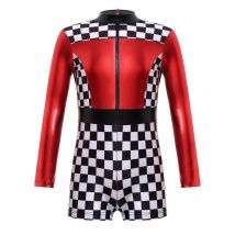 Kids Girls Race Car Racer Theme Party Cosplay Costume Long Sleeve Checkerboard Print Bodysuit Back Zipper Short Jumpsuit