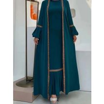 Muslim Women Hijab Dress 2 Piece Set Eid Lantern Sleeve Maxi Long Dress Islamic Clothing Caftan