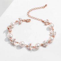 ZAKOL Korea Round Imitation Pearls Bracelets for Women Trendy Leaf Cubic Zirconia Wedding Engagement Party Jewelry