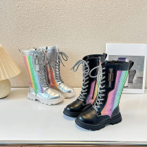 Girls Boots Autumn and Winter 2023 New Kids High Boots Unique Little Princess Plus-Velvet Colorful Child Fashion Glossy Silver