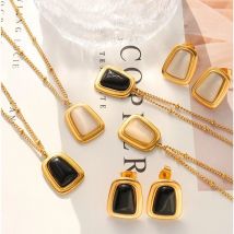 18K Gold Plated Stainless Steel Glass Cateye Stone Pendant Necklace For Women Irregular Charm Stud Earring Collars Set Jewelry