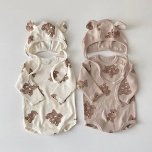 2025 Spring Newborn Baby Bodysuits Cute Bear Print Boys Long Sleeve Jumpsuit With Bear Ear Hat Baby Girl Cotton Clothes 0-24M