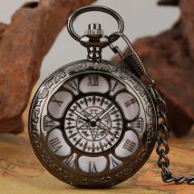 Half Hunter Floral Hollow Display Quartz Pocket Watch Black/ Silver Pendant Pocket Clock Roman Numerals Display Round Dial