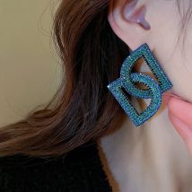 Glass Stones Copper Double D Earrings For Women Collar Metal Statement Letter Large Post Dangle Stud Fashion Jewelry Party C1191