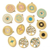 3pcs/Lot 14K Gold Color Enamel Life Tree Clover DIY Charms Stainless Steel Female Star Sun Neaclace Pendant Jewelry Wholesale