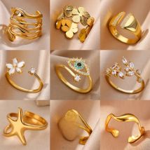 Stainless Steel Zircon Geometric Rings For Women Luxury Evil Eye Gold Color Adjustable Trendy Wedding Aesthetic Jewerly Gift