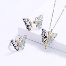 925 Silver Retro Palace Gold Oil Painting Butterfly Epoxy Ring Necklace Set Ladies Exquisite Bow Jewelry Party Birthday Gift