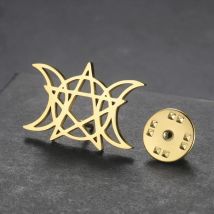 Dawapara Triple Moon Pentagram Brooch Pins Wiccan Moon Goddess Symbol Protection Talisman Stainless Steel Jewelry
